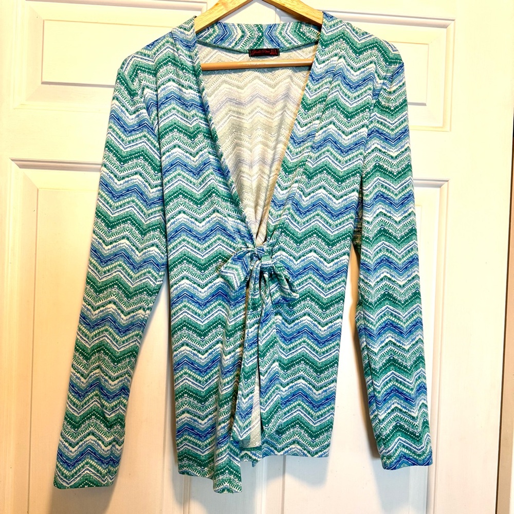 Sheila Rose Soft Tie-Front Cardigan | Chevron Teal Blue | L Soft